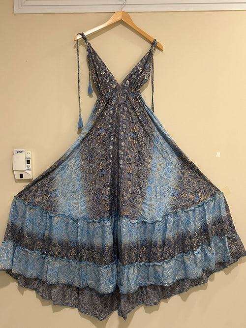 🔵 Vestido Longo Indiano - Cores Azuis | Tam. Único 003