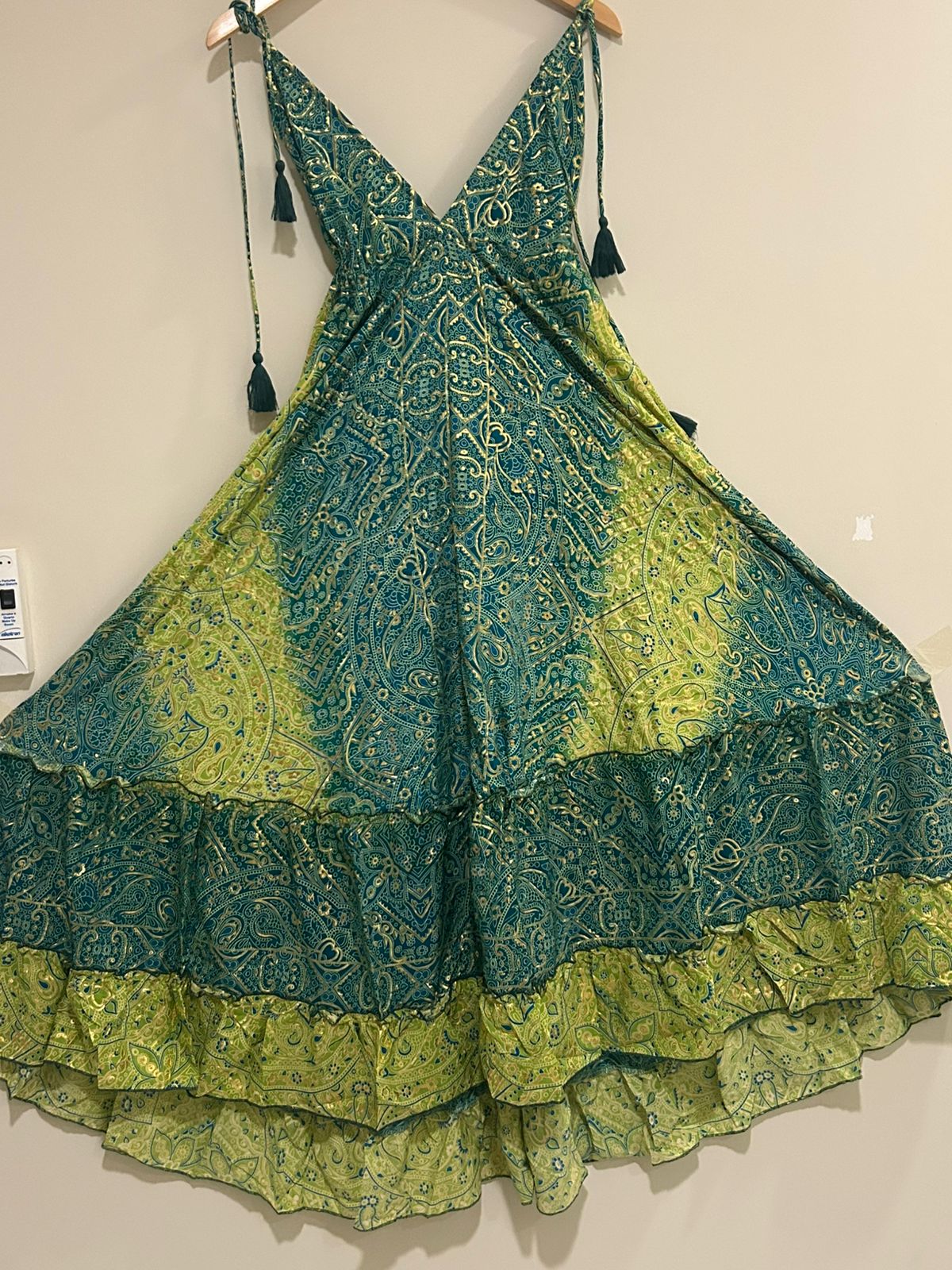 🟢 Vestido Longo Indiano - Cores Verdes  | Tam. Único 004