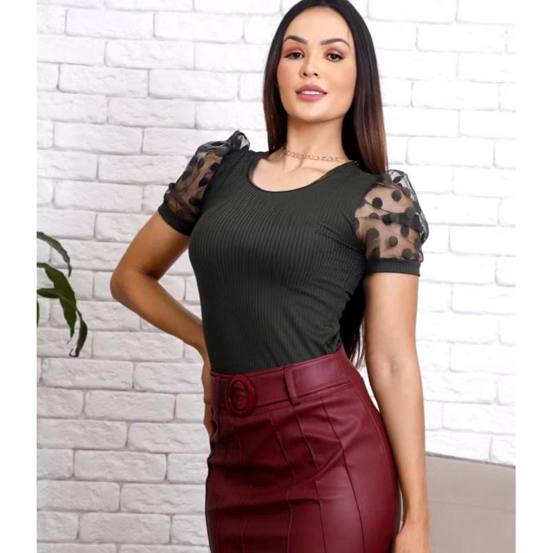 Blusa Feminina Canelada com Manga Princesa em Poá - Tamanho Único