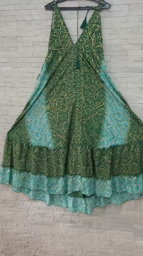 🟢 Vestido Longo Indiano - Cores Verdes  | Tam. Único 004