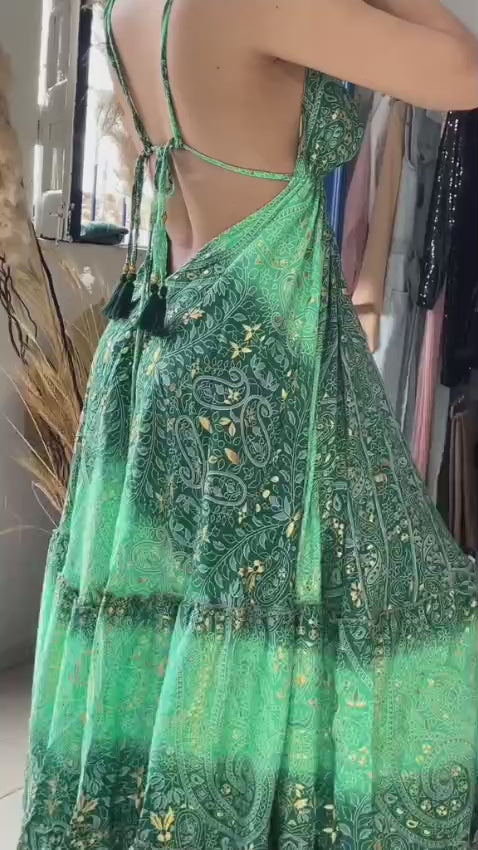 🟢 Vestido Longo Indiano - Cores Verdes  | Tam. Único 004